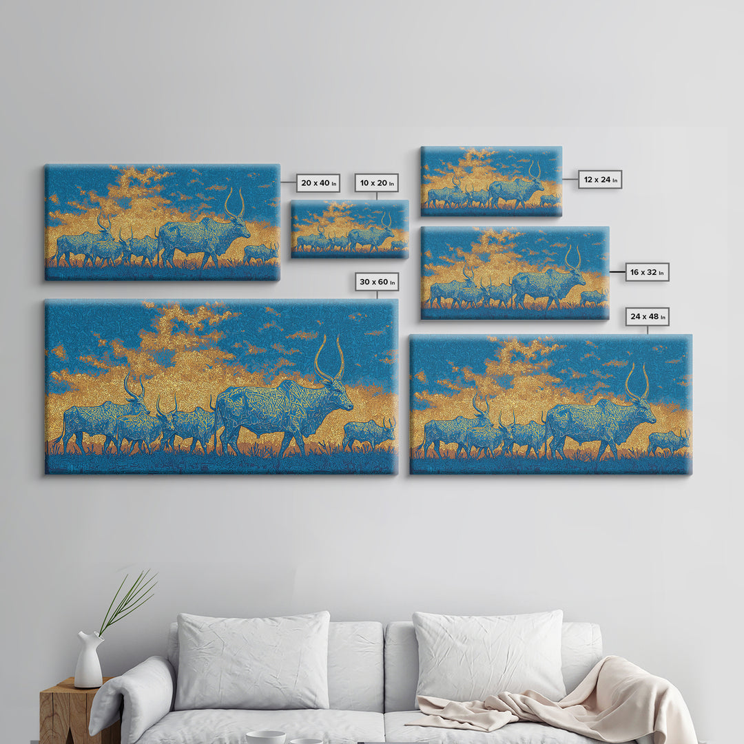 Blue And Gold Watusi Herd Wall Art, African Safari Art Canvas Print, Savanna Landscape, Colorful African Wall Decor Gift