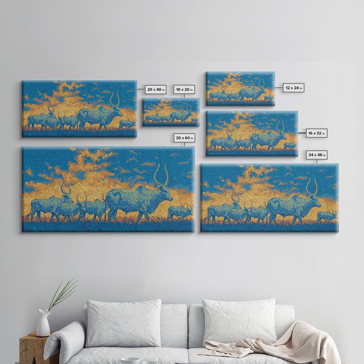 Blue And Gold Watusi Herd Wall Art, African Safari Art Canvas Print, Savanna Landscape, Colorful African Wall Decor Gift