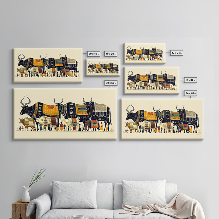 Patterned Watusi Cattle Parade Wall Art, African Fabric Canvas Print, Ankara Decor, Cultural Home Decor Unique Gift For Her