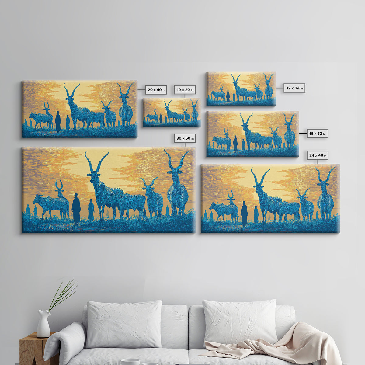 Blue Watusi Cattle Sunset Wall Art, African Safari Art Canvas Print, African Landscape, Rustic Living Room Decor Gift For Him