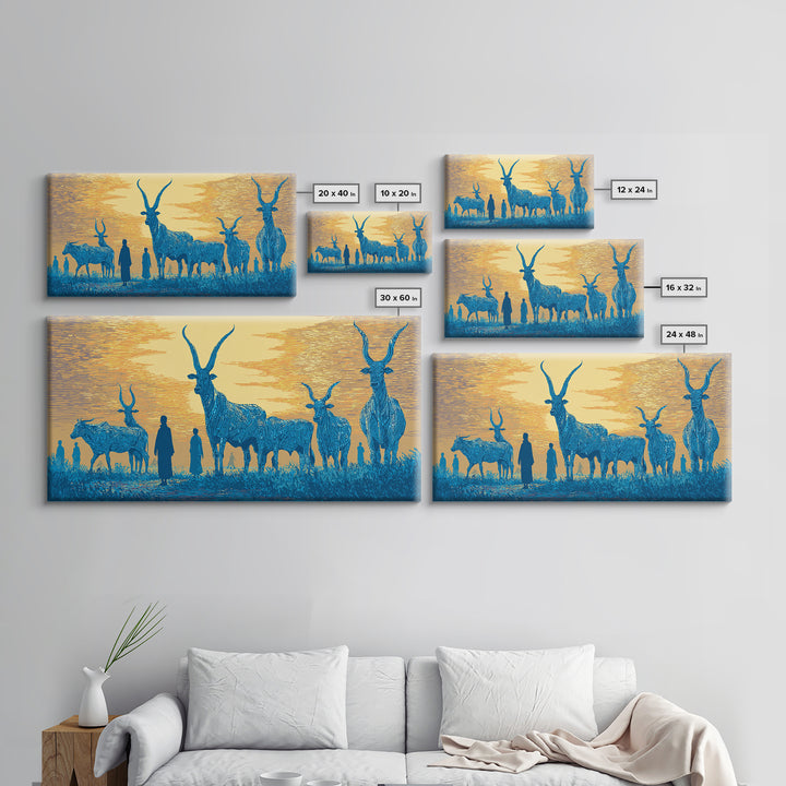 Blue Watusi Cattle Sunset Wall Art, African Safari Art Canvas Print, African Landscape, Rustic Living Room Decor Gift For Him