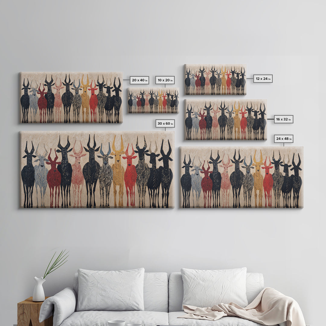 Tribal Antelope Herd Wall Art, African Tribal Art Canvas Print, Earth Tone Safari Decor, Bold Ethnic Wall Decor Gift For Home