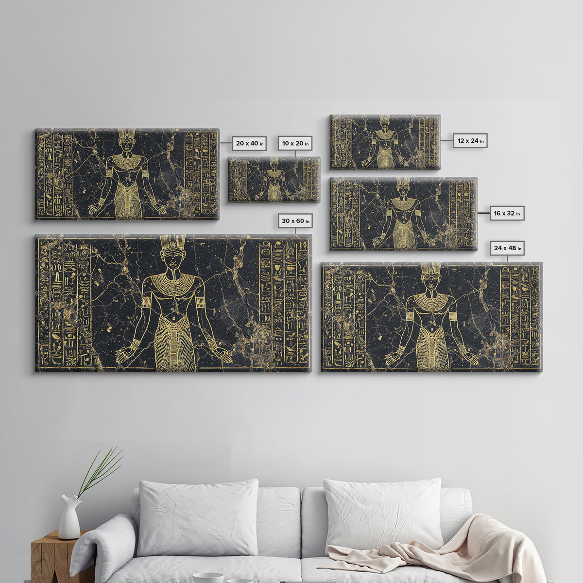 Gold Egyptian Queen Wall Art, African Egyptian Art Canvas Print, Hieroglyph Goddess Portrait, Black And Gold Home Decor Gift