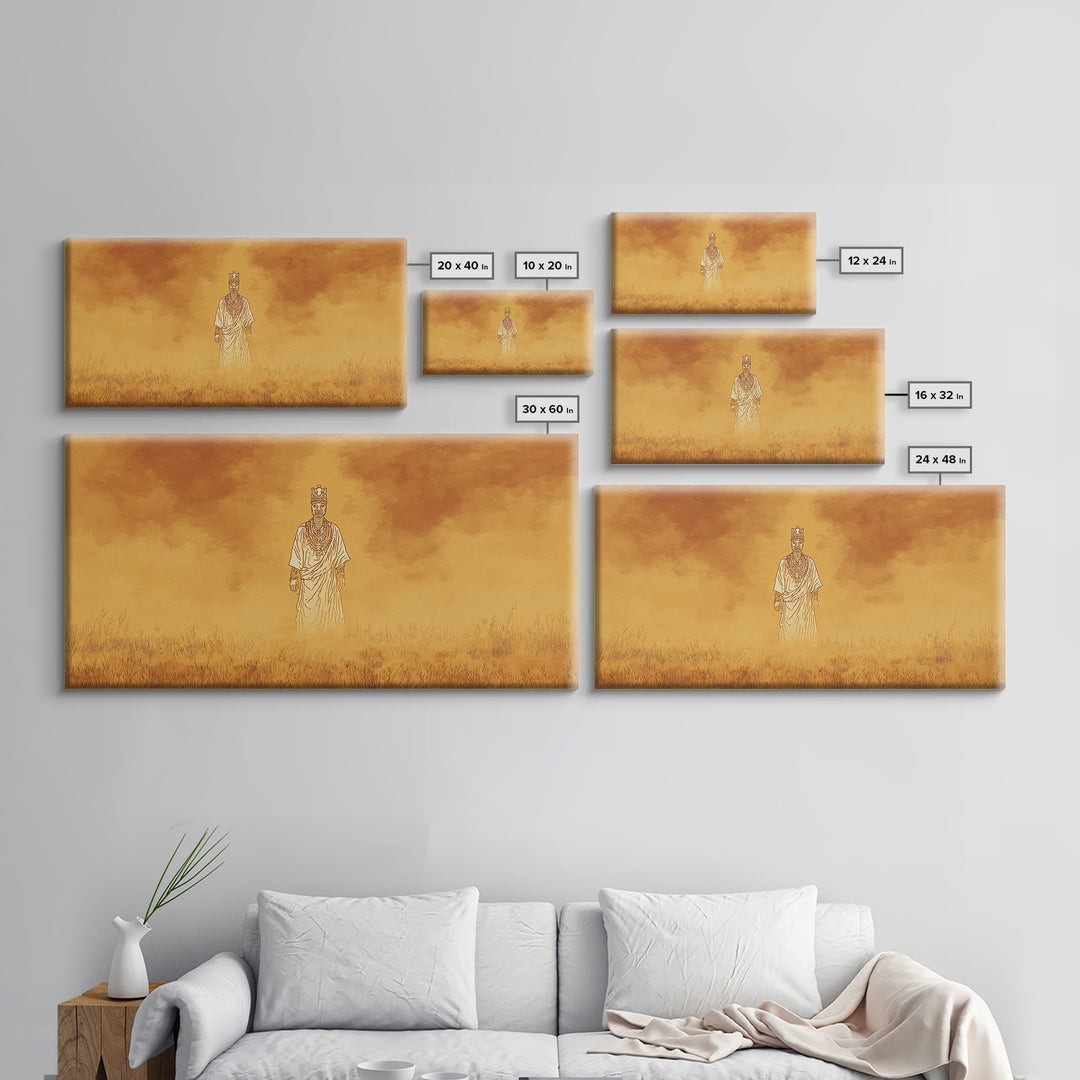 Golden African Spirit Figure Canvas Print, Mystical Savanna Landscape, Earth Tone Afrocentric Decor, Spiritual Wall Art Gift