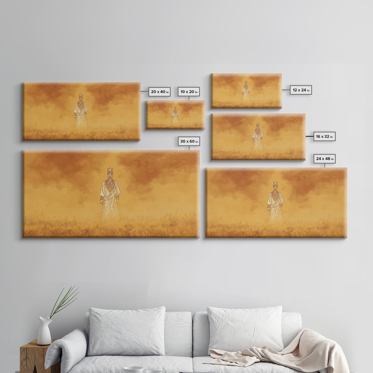 Golden African Spirit Figure Canvas Print, Mystical Savanna Landscape, Earth Tone Afrocentric Decor, Spiritual Wall Art Gift