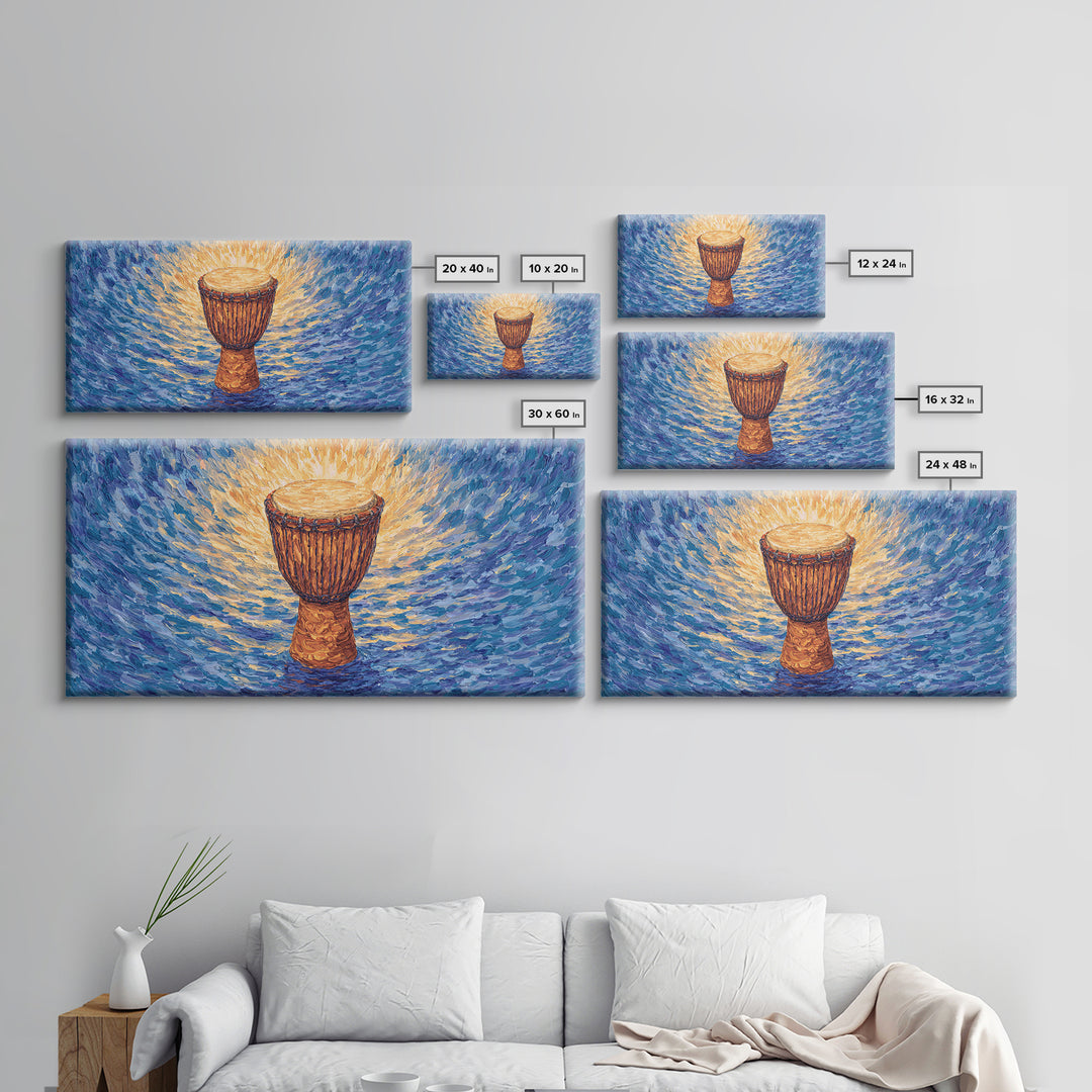 Solo Djembe Drum Framed Canvas Print, African Music Wall Art, Blue Gold Cultural Decor, Afrocentric Rhythm Gift For Living Room