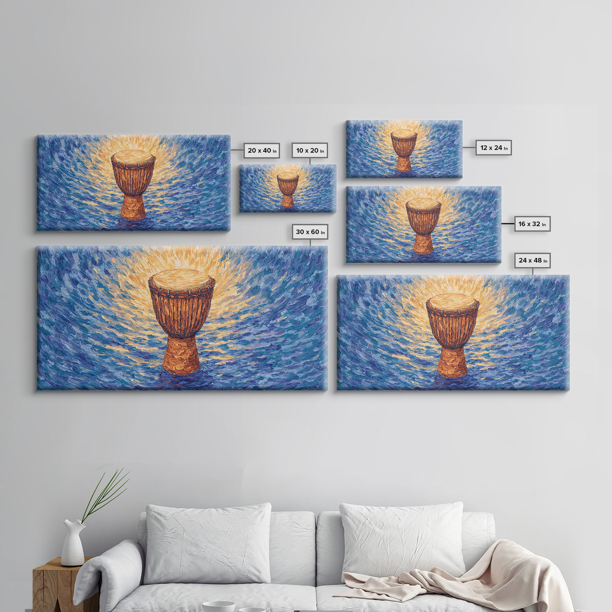 Solo Djembe Drum Framed Canvas Print, African Music Wall Art, Blue Gold Cultural Decor, Afrocentric Rhythm Gift For Living Room