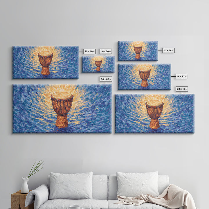 Solo Djembe Drum Framed Canvas Print, African Music Wall Art, Blue Gold Cultural Decor, Afrocentric Rhythm Gift For Living Room