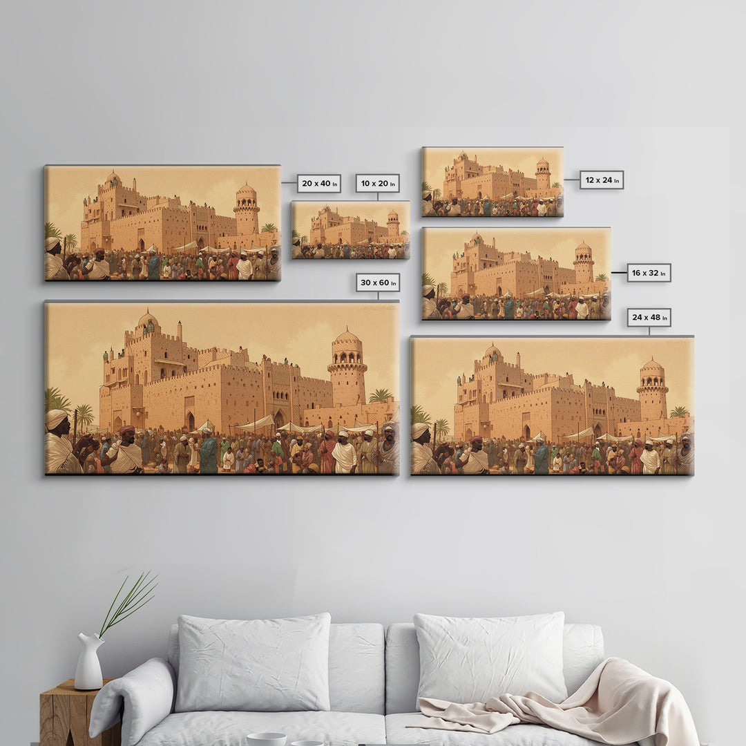 Desert Palace Market Framed Canvas Print, African Travel Wall Decor, Historic Cityscape Painting, Cultural Home Decor Gift