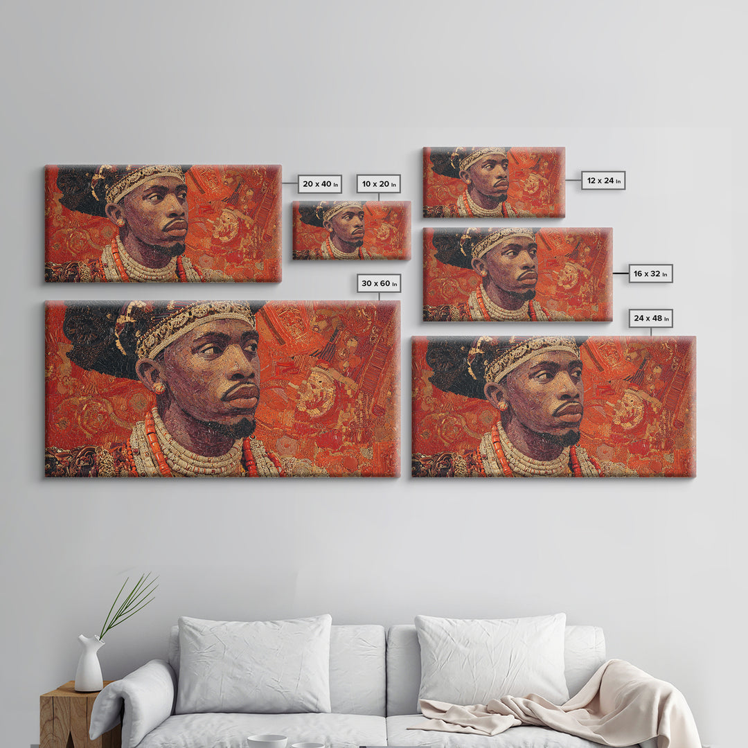 Ornate African Royal Man Portrait Framed Canvas Print, Afrocentric Black Art, Gold Jewelry Canvas, Cultural Heritage Wall Art