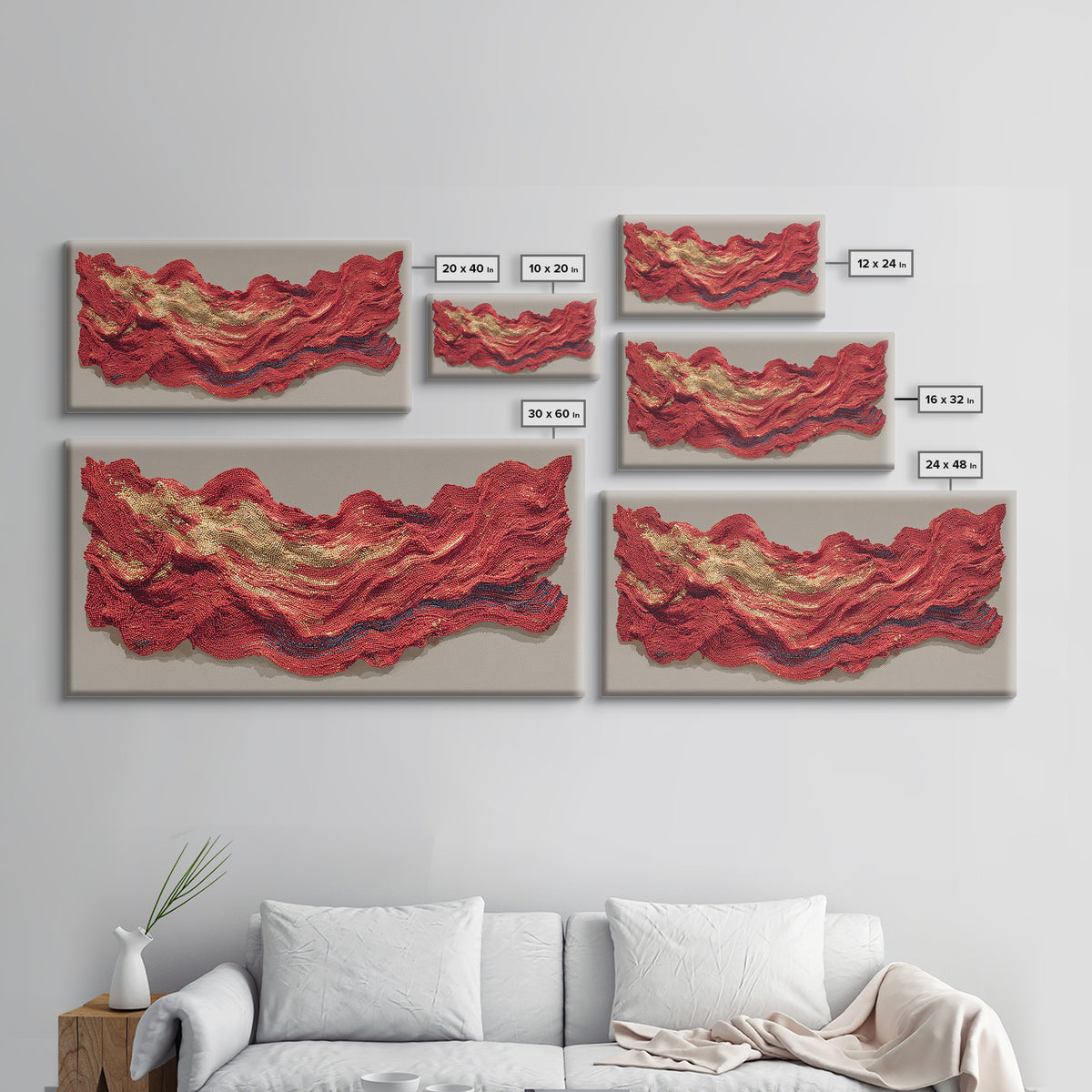 Red And Gold Beaded Wave Sculpture Wall Art, African Abstract Textile Decor, Luxury Canvas Print, Bold Contemporary Home Accent