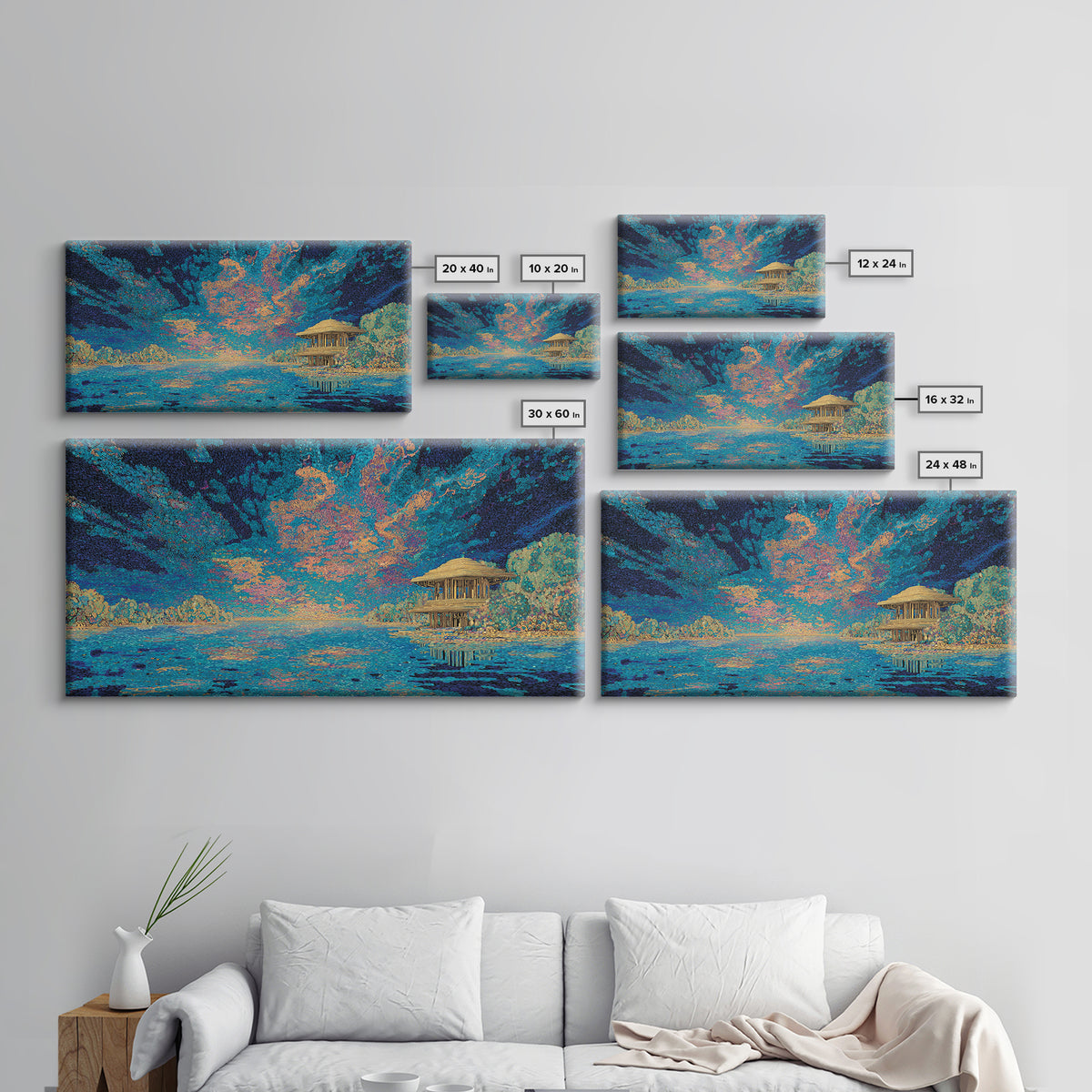 Moonlit Tropical Lagoon Hut Wall Art, Blue Coastal Landscape Canvas, Modern African Inspired Home Decor, Dreamy Living Room Art