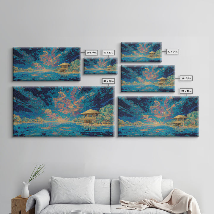 Moonlit Tropical Lagoon Hut Wall Art, Blue Coastal Landscape Canvas, Modern African Inspired Home Decor, Dreamy Living Room Art