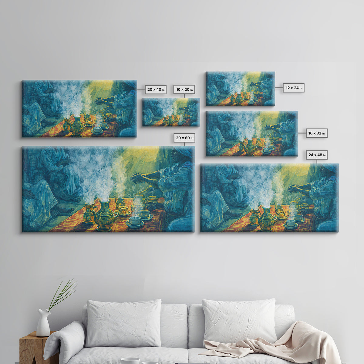 Blue Smoky Tea Ceremony Canvas Print, African Culture Art, Spiritual Wall Decor, Traditional Gathering Painting For Living Room