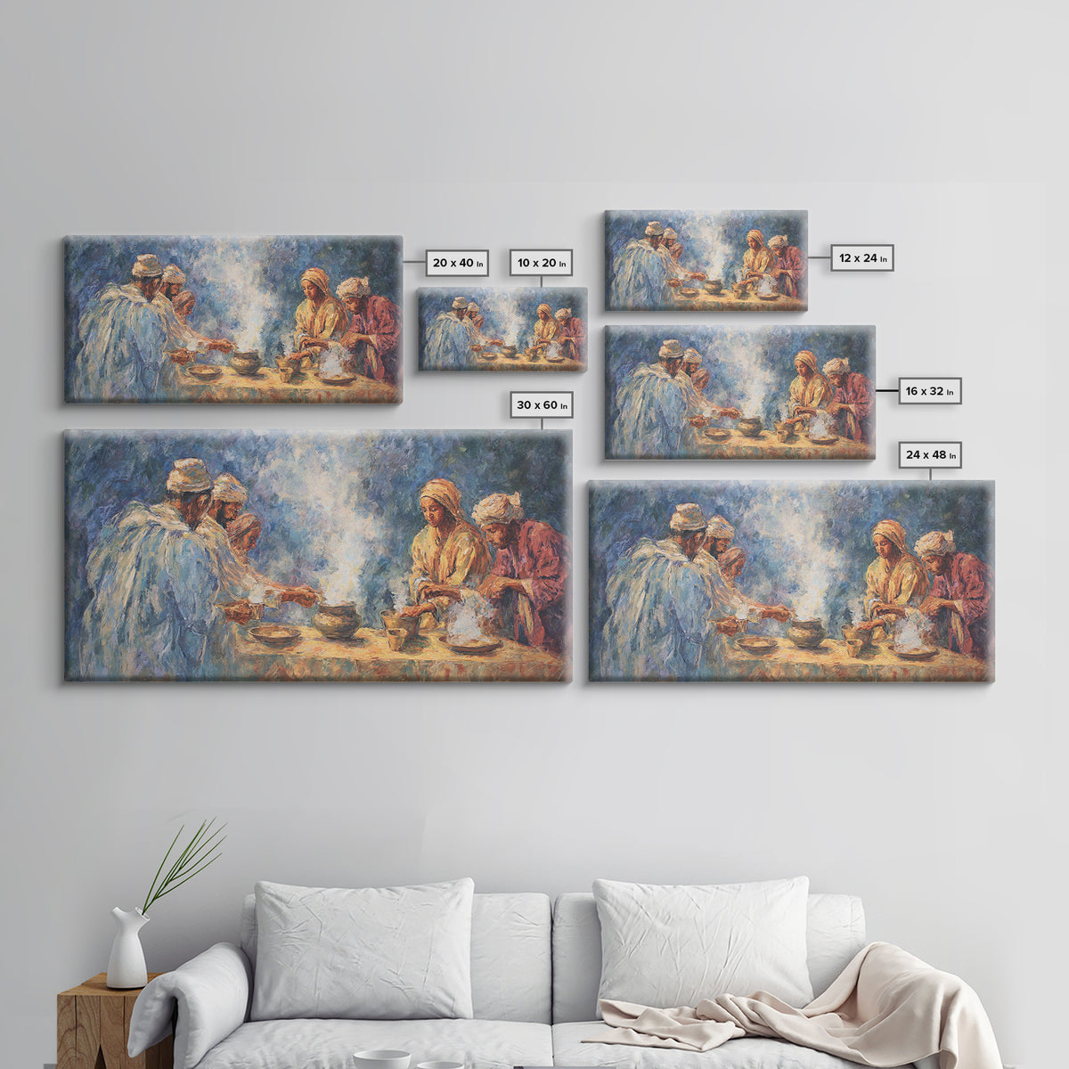 Traditional African Tea Ceremony Framed Canvas Print, Blue Robe Gathering Painting, Cultural Wall Decor For Boho Living Room