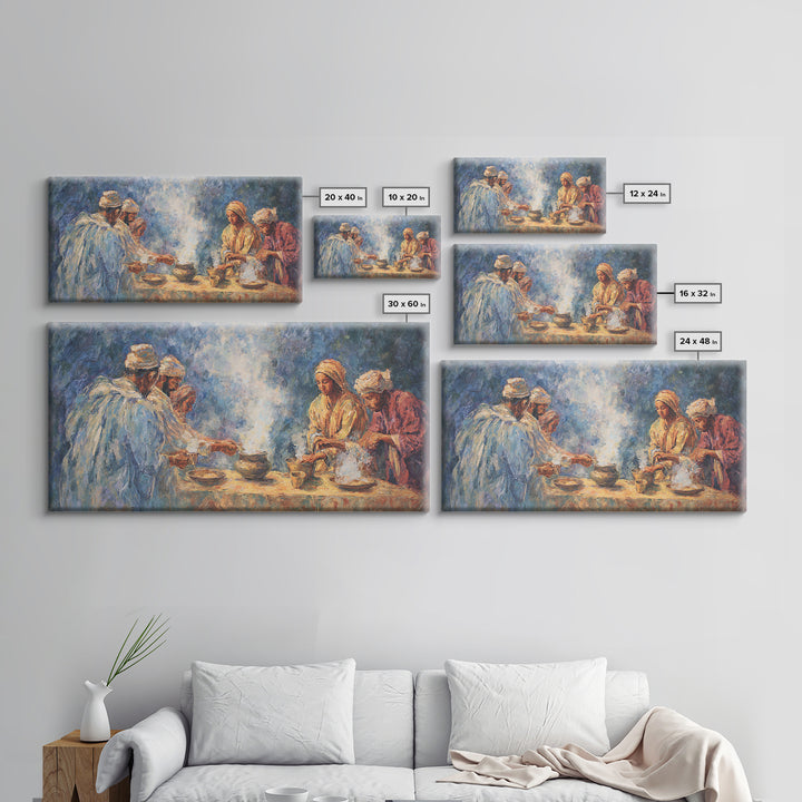 Traditional African Tea Ceremony Framed Canvas Print, Blue Robe Gathering Painting, Cultural Wall Decor For Boho Living Room