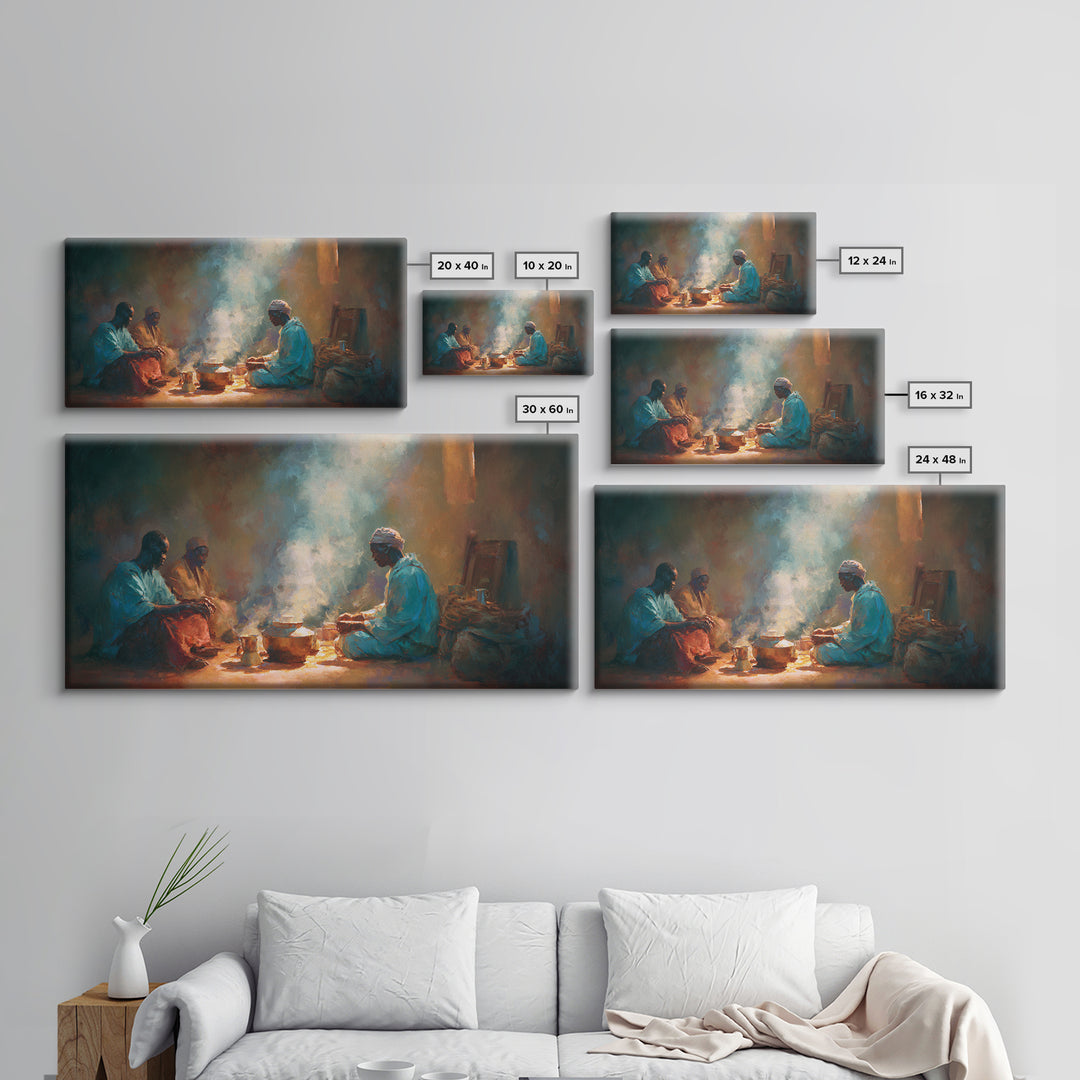 Smoky Hearth Tea Gathering Canvas Print, African Men In Blue Robes, Spiritual Culture Wall Art For Rustic Living Room Decor