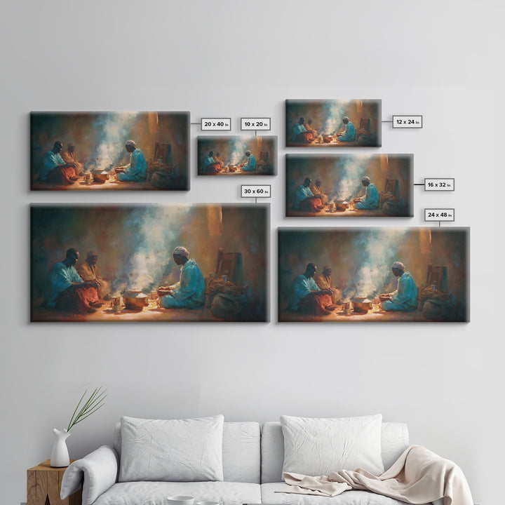 Smoky Hearth Tea Gathering Canvas Print, African Men In Blue Robes, Spiritual Culture Wall Art For Rustic Living Room Decor