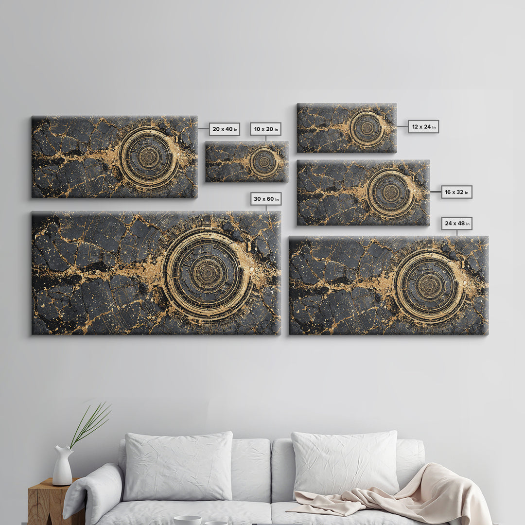 Cracked Obsidian Gold Mandala Canvas Print, African Abstract Art, Geometric Wall Decor, Luxury Modern Home Decor Gift For Him