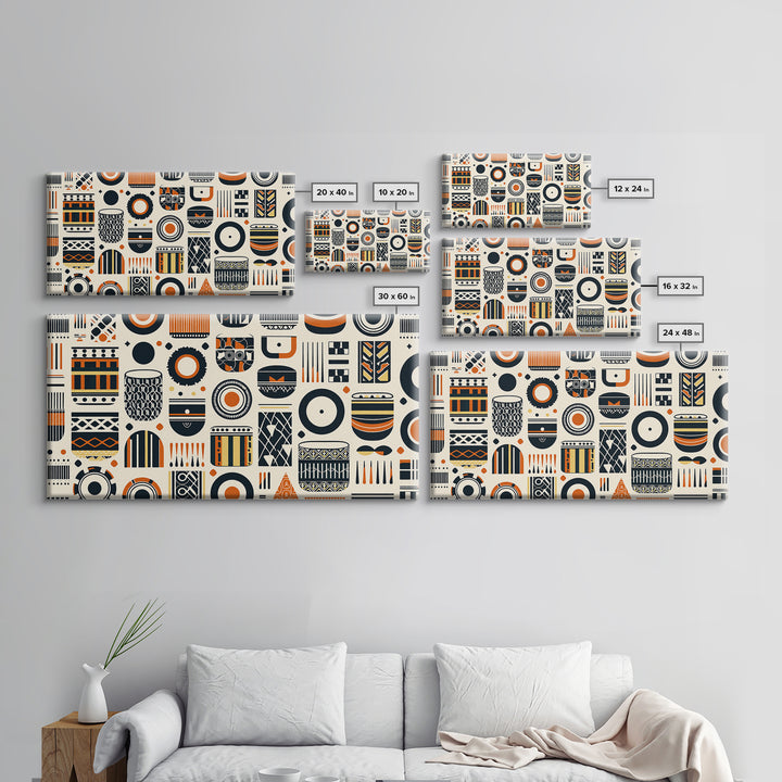 African Tribal Pattern Canvas Print, Black Orange Textile Wall Art, Afrocentric Geometric Decor, Boho Home Decor Gift For Living Room