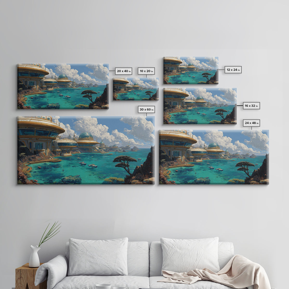 Afrofuturism Ocean City Framed Canvas Print, Futuristic African Coastal Wall Art, Turquoise Sci Fi Home Decor Gift For Office
