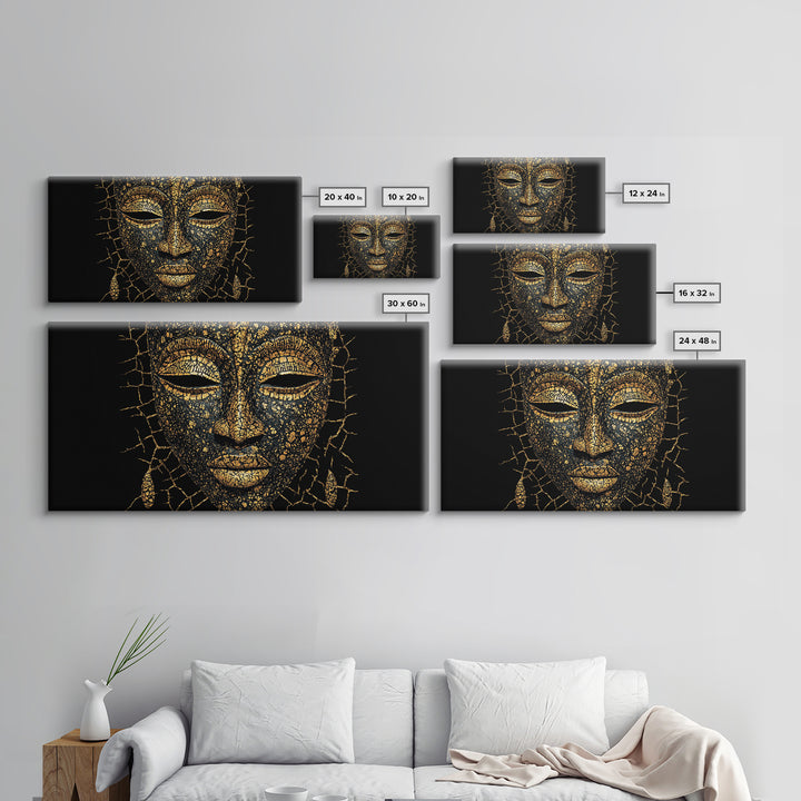 Gold Black African Mask Portrait Wall Art, Textured Tribal Mask Canvas Print, Elegant Afrocentric Decor, Luxury Home Decor