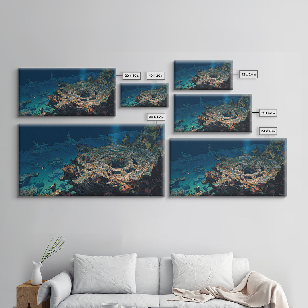 Underwater Futuristic City Wall Art, Sci Fi Ocean Ruins Canvas Print, Afrofuturism Decor, Blue Digital Art For Office Decor