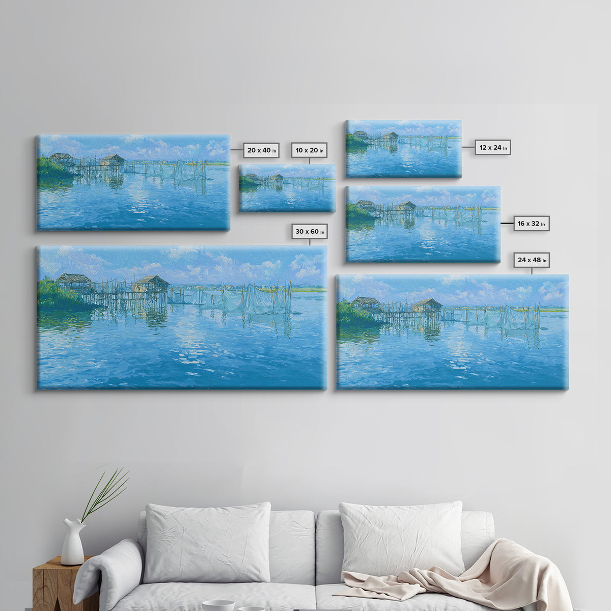 Blue Coastal Fishing Village Wall Art, Serene Water Landscape Canvas Print, Beach Art, Nature Scene Art, Living Room Decor