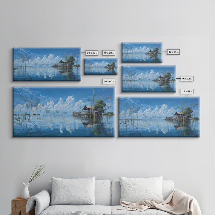 Calm Lake Fishing Nets Wall Art, Blue Sky Reflections Canvas Print, Coastal Landscape, Nature Scene Art, Serene Home Decor