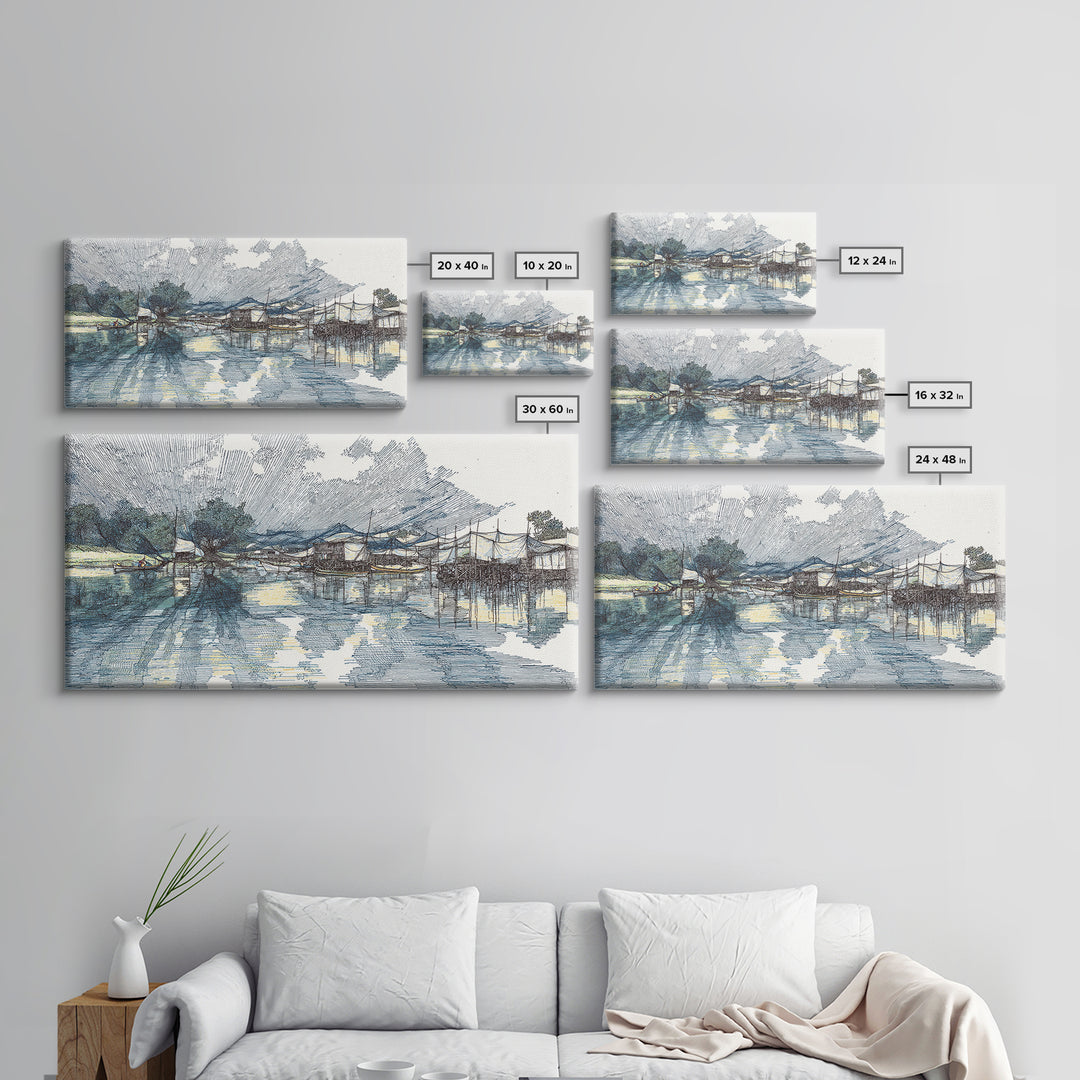 Ink Sketch Fishing Harbor Wall Art, Blue Coastal Village Canvas Print, Minimalist Art, Water Reflection, Office Decor Gift