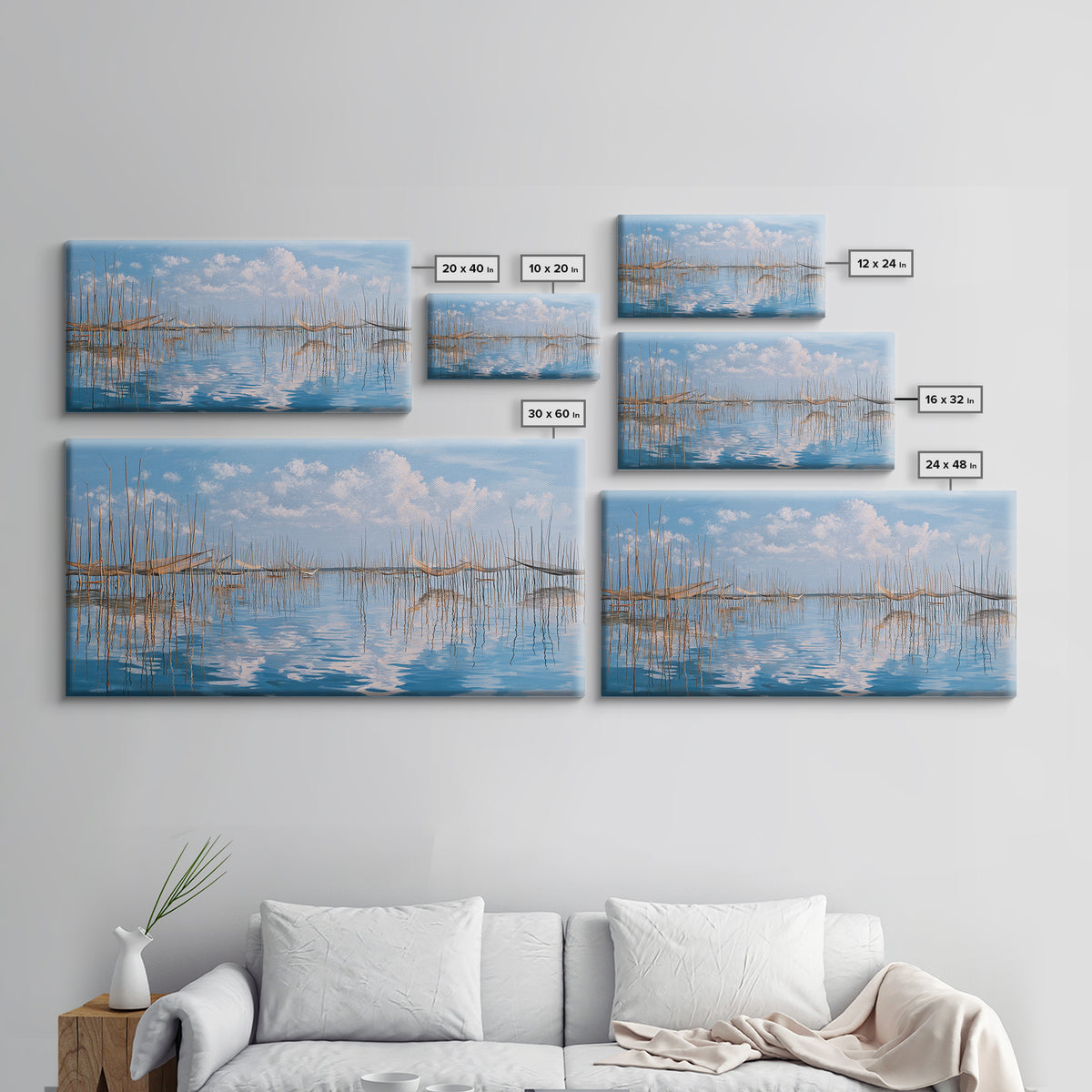 Peaceful Bamboo Fishing Poles Wall Art, Blue Water Landscape Canvas Print, Coastal Nature Scene Art, Elegant Living Room Decor