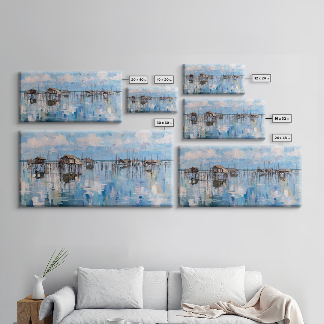 Blue Stilt Village Seascape Reflections Wall Art, Coastal Water Village Canvas Decor, Serene Sky Painting, Living Room Decor