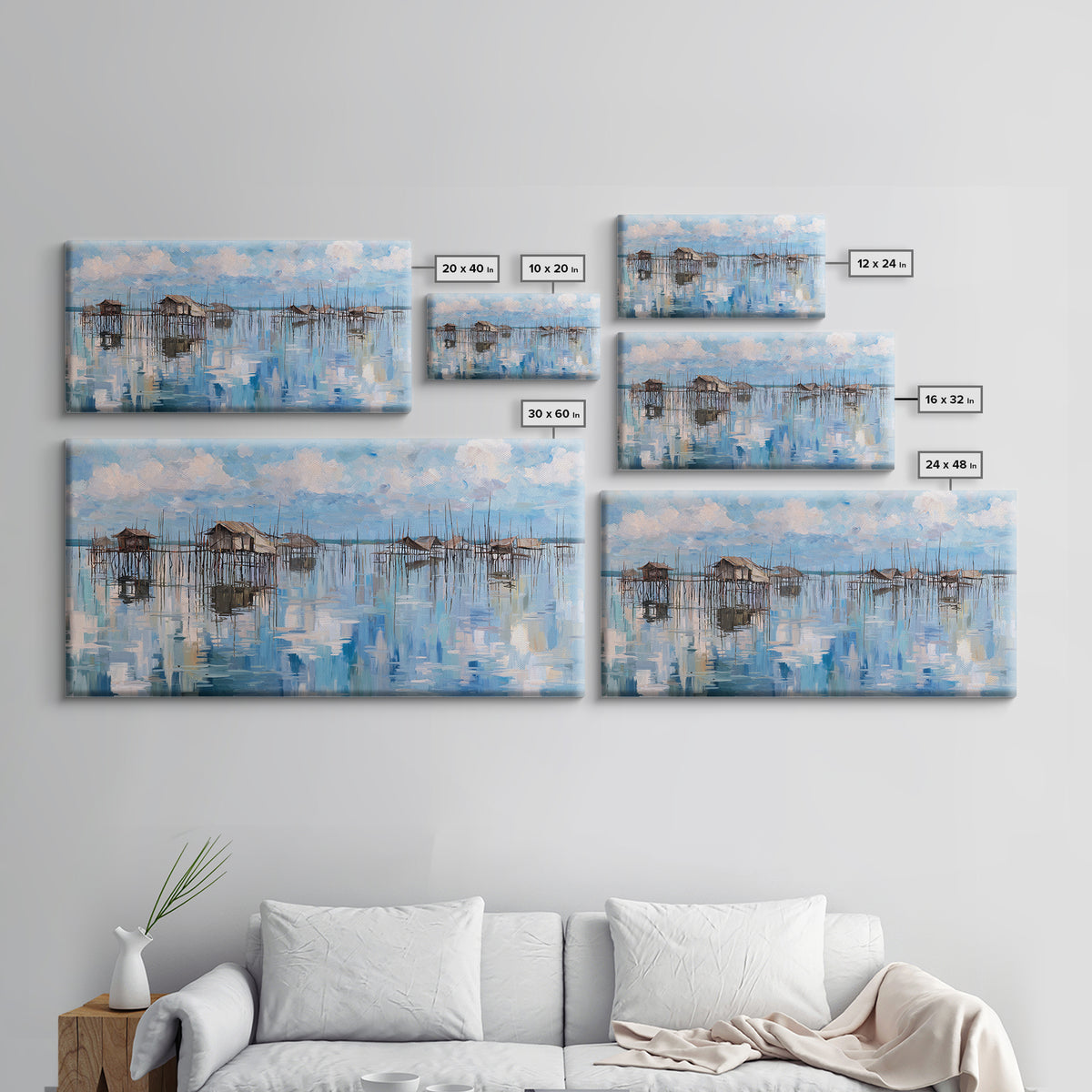 Blue Stilt Village Seascape Reflections Wall Art, Coastal Water Village Canvas Decor, Serene Sky Painting, Living Room Decor