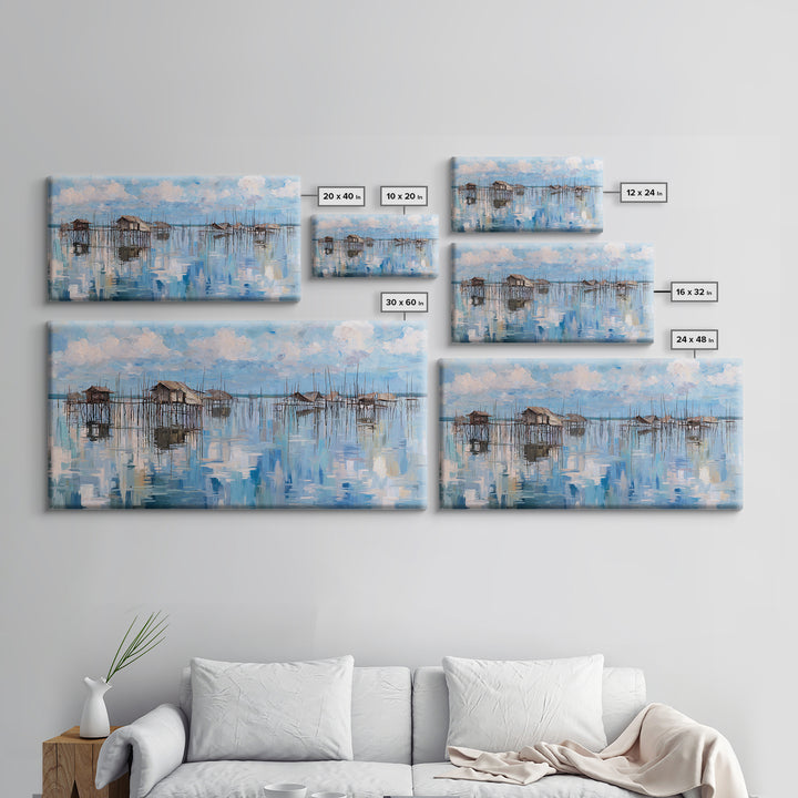 Blue Stilt Village Seascape Reflections Wall Art, Coastal Water Village Canvas Decor, Serene Sky Painting, Living Room Decor