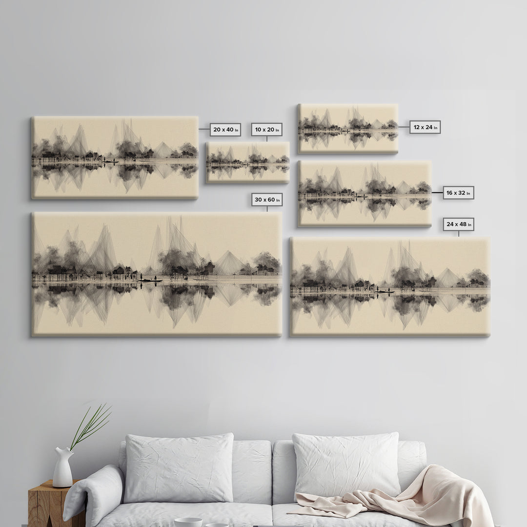 Sepia Ink Lakeside Village Reflections Wall Art, Minimalist Landscape Print, Serene Neutral Decor, Gallery Style Home Decor
