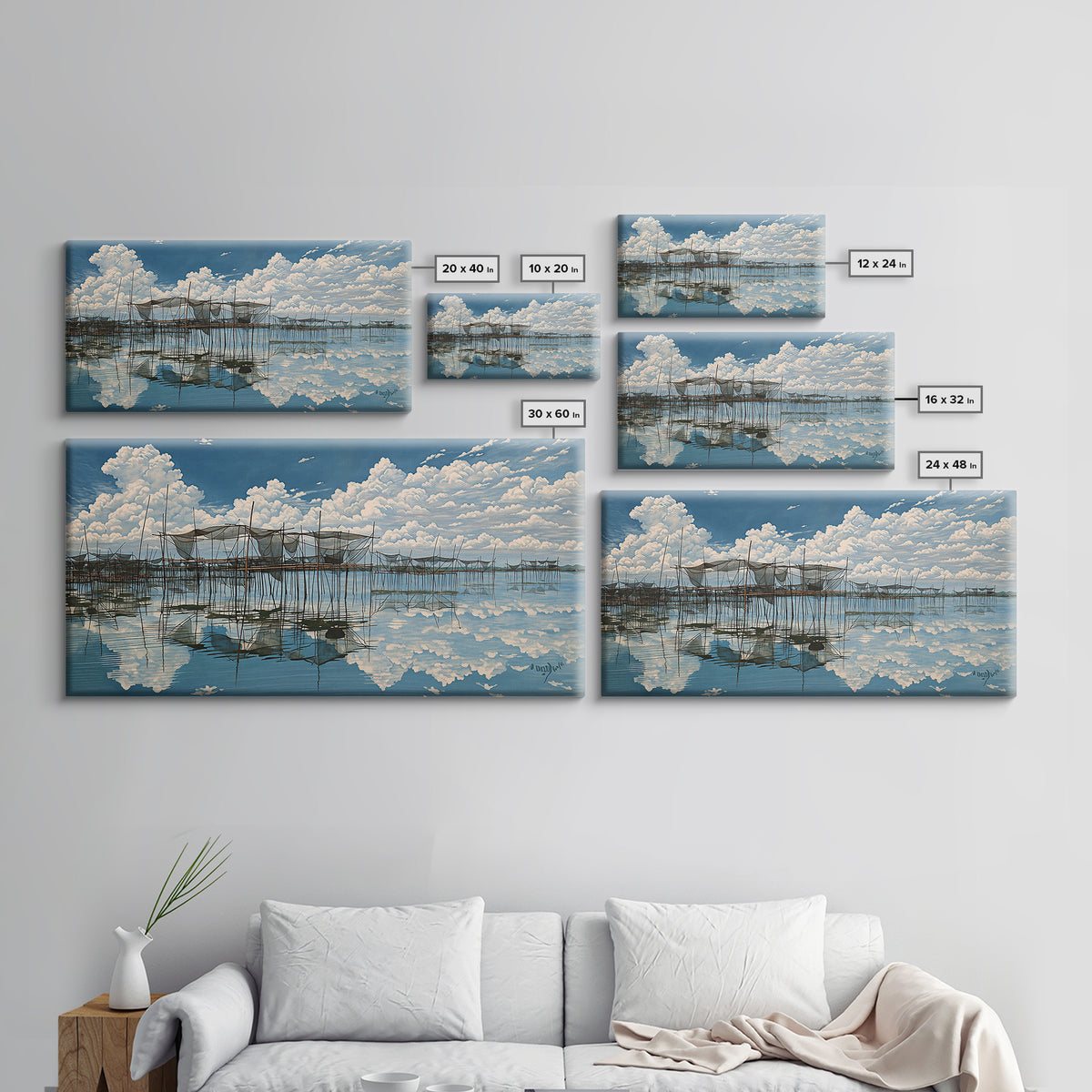 Bright Stilt House Lagoon Reflections Canvas Print, Coastal Sky Wall Decor, Blue Water Landscape Art, Serene Living Room Decor