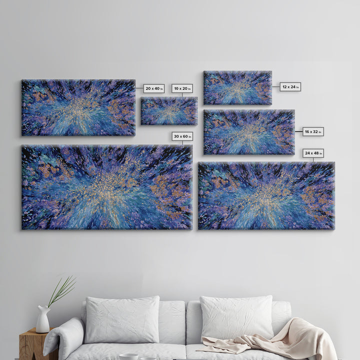 Blue Gold Cosmic Abstract Wall Art, Explosive Modern Canvas Decor, Textured Art Print, Dreamy Statement Living Room Decor