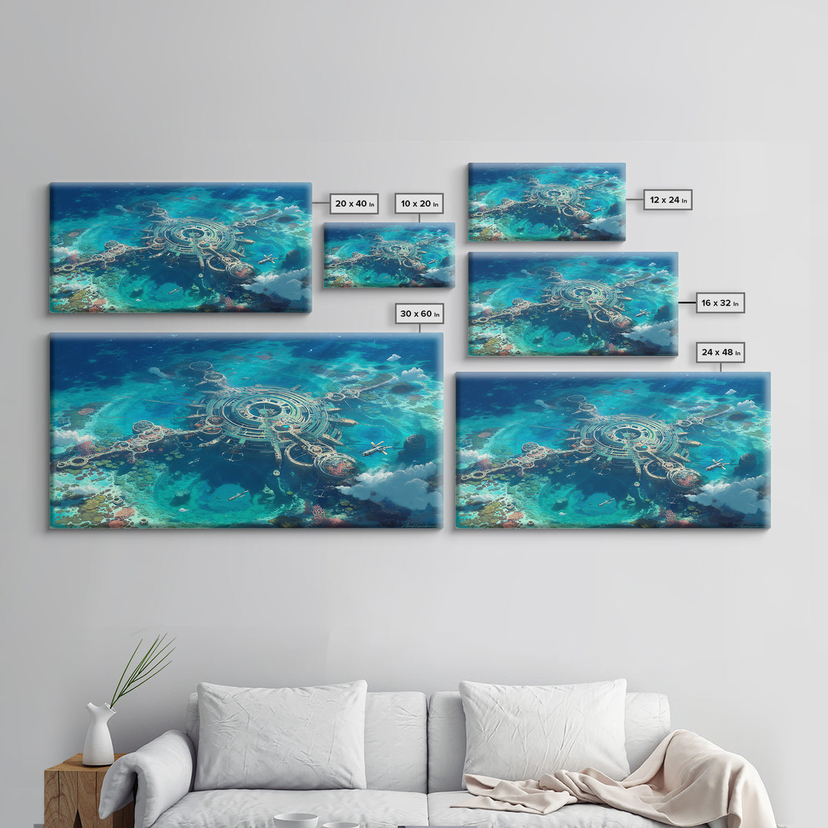 Futuristic Ocean City Aerial Canvas Print, Turquoise Sci Fi Island Wall Decor, Modern Digital Art, Unique Coastal Home Decor