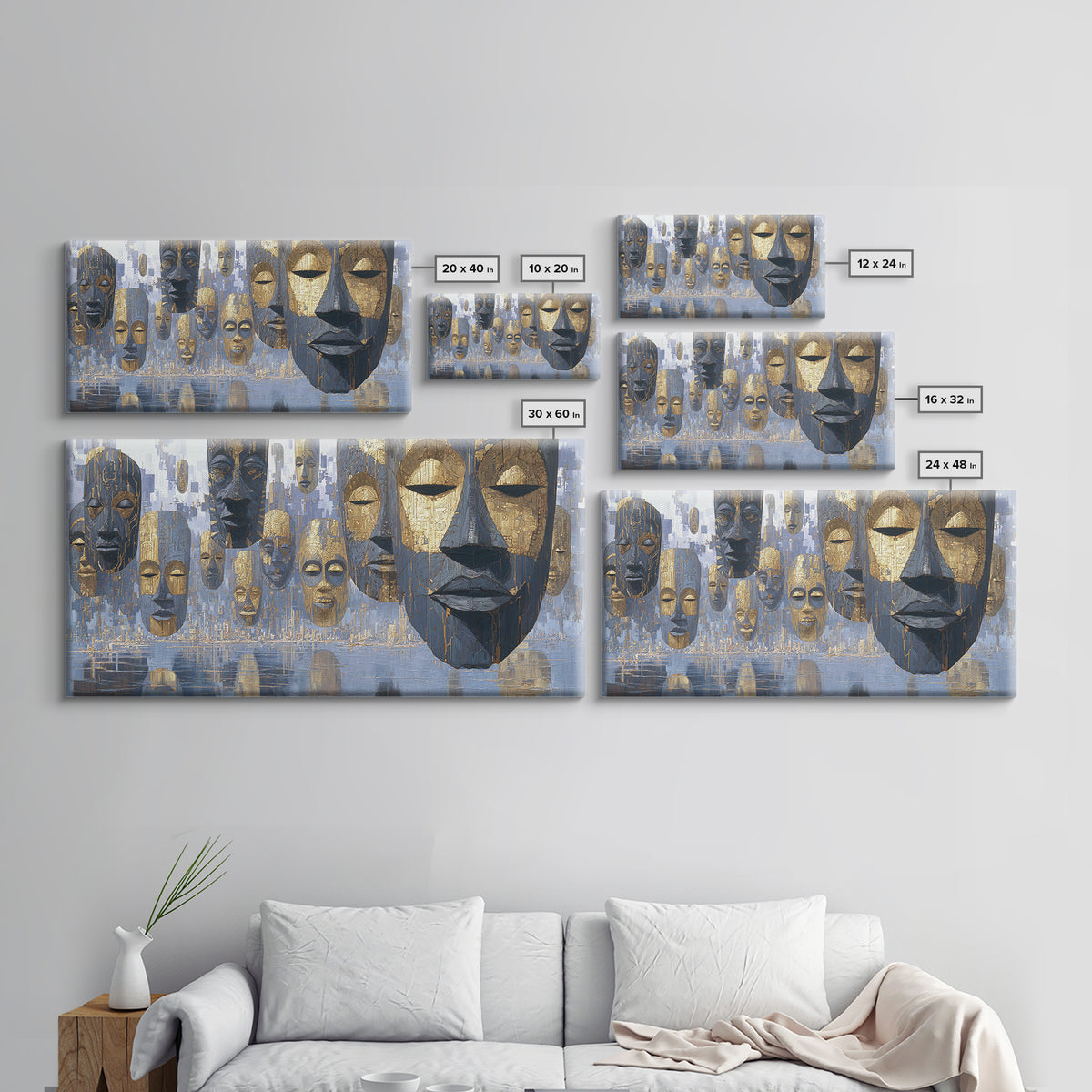 Floating African Mask Framed Canvas Print, Blue Gold Tribal Wall Decor, Modern African Art, Afrocentric Living Room Decor