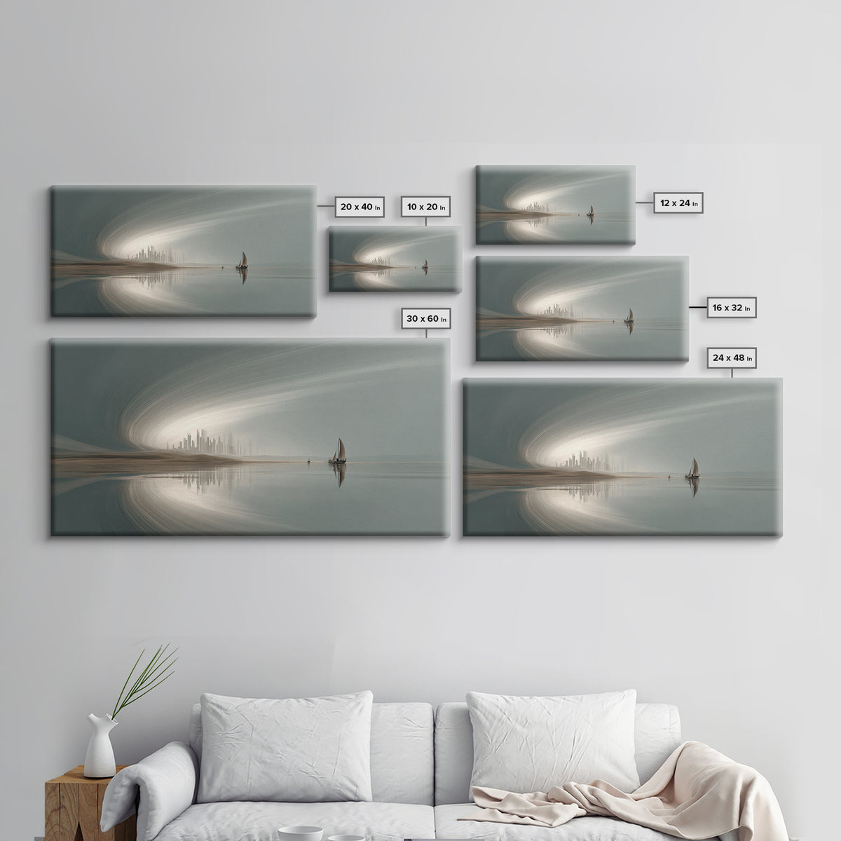 Misty Futuristic Sailboat Wall Art, Serene Coastal Skyline, Modern Minimalist Decor, Dreamy Landscape, Luxury Canvas Print