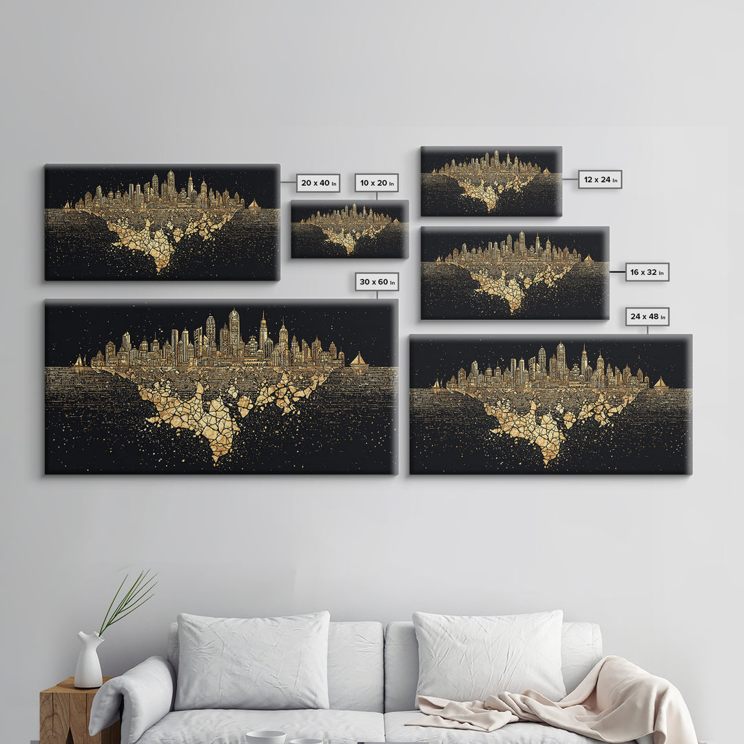 Gold Floating Skyline Wall Art, Black And Gold Art, Modern Cityscape Poster, Abstract Urban Decor, Statement Canvas Print