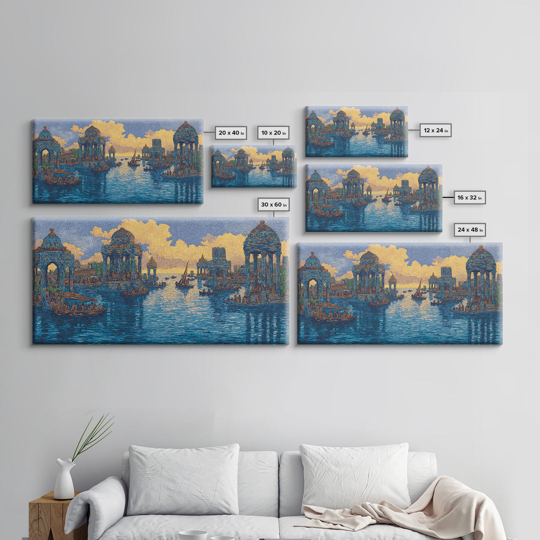 Blue Golden Temple Canal Wall Art, Ancient City Landscape, Cultural Art Print, Dreamy Water Decor, Contemporary Canvas Print