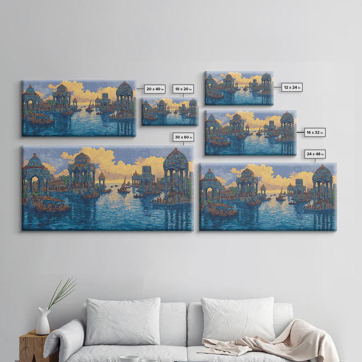 Blue Golden Temple Canal Wall Art, Ancient City Landscape, Cultural Art Print, Dreamy Water Decor, Contemporary Canvas Print