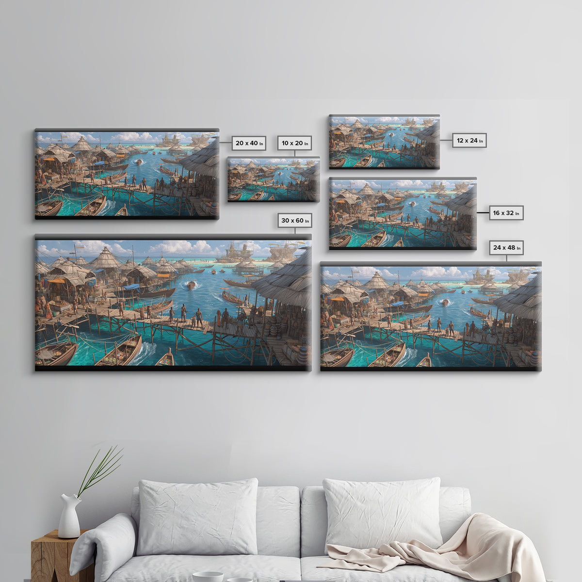 Tropical Stilt Village Wall Art, African Coastal Harbor, Fishing Boats, Teal Water Decor, Safari Travel Canvas Print, Unique Home Decor