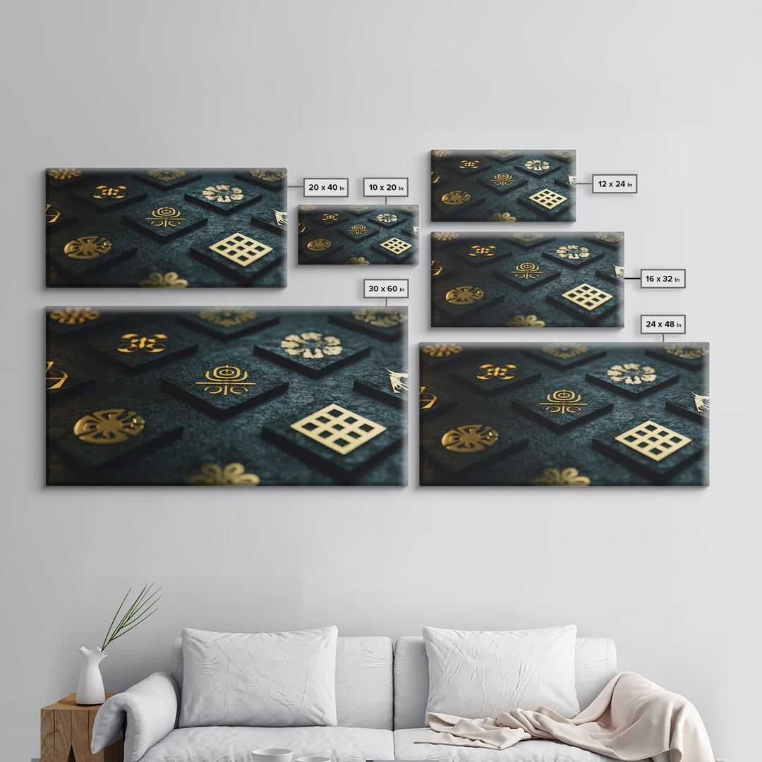 Gold Adinkra Symbols Wall Art, African Patterns Decor, Black And Gold Design, Spiritual Cultural Art, Framed Canvas Print