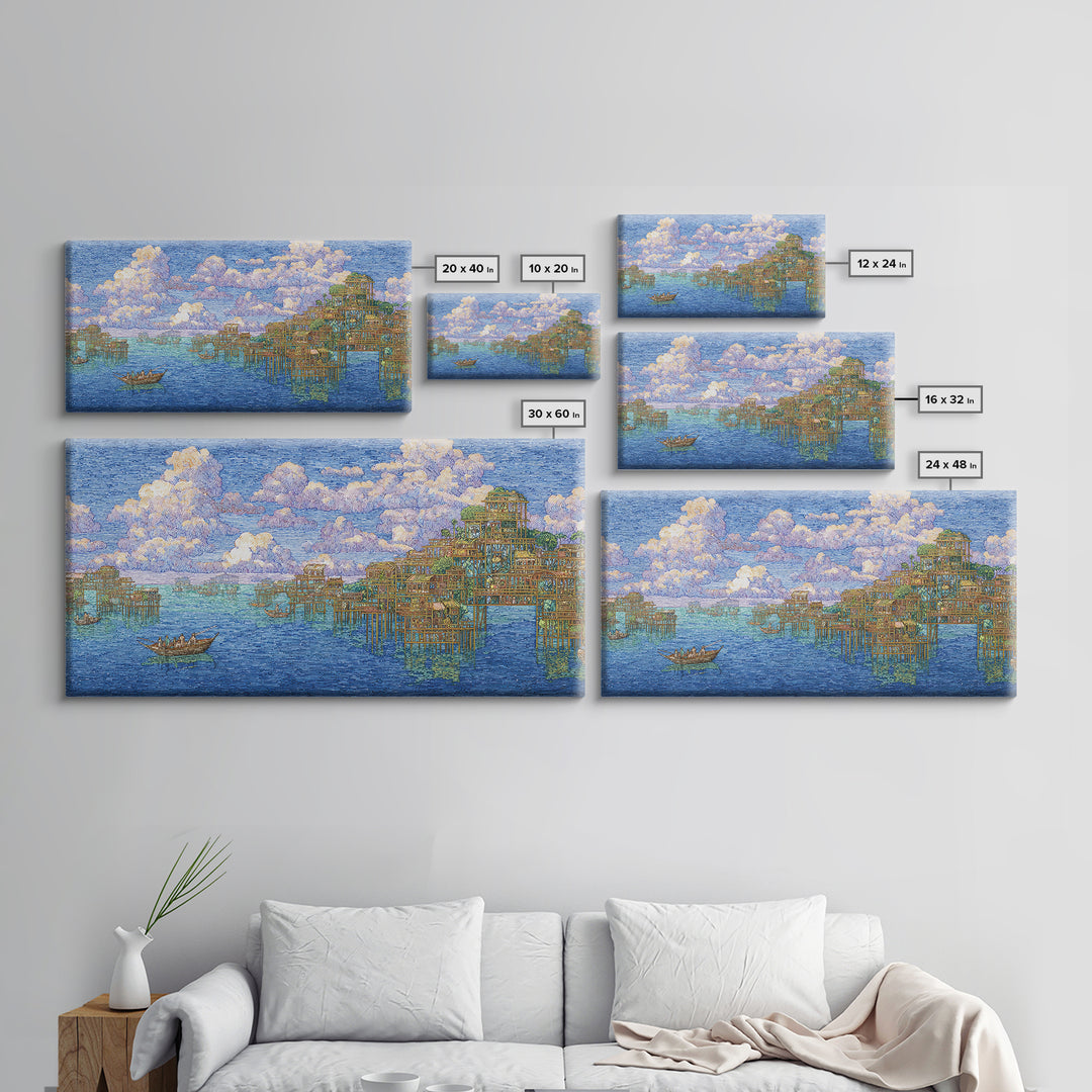 Ocean Stilt Village Wall Art, Blue Coastal Landscape, African Inspired Fishing Boats, Dreamy Clouds, Premium Canvas Print