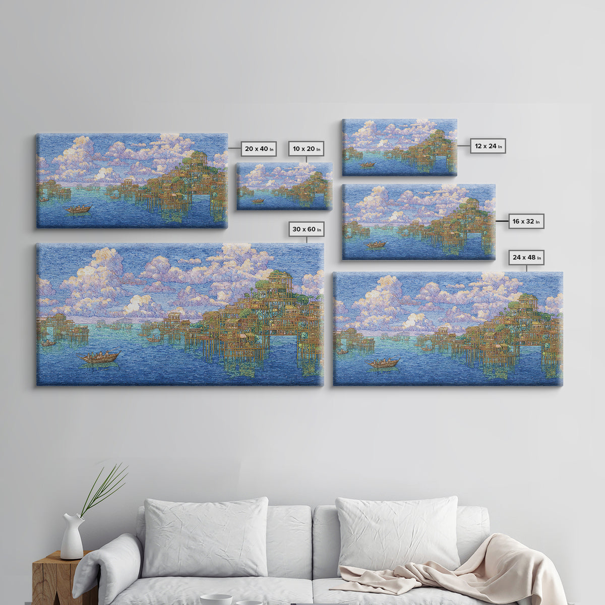 Ocean Stilt Village Wall Art, Blue Coastal Landscape, African Inspired Fishing Boats, Dreamy Clouds, Premium Canvas Print