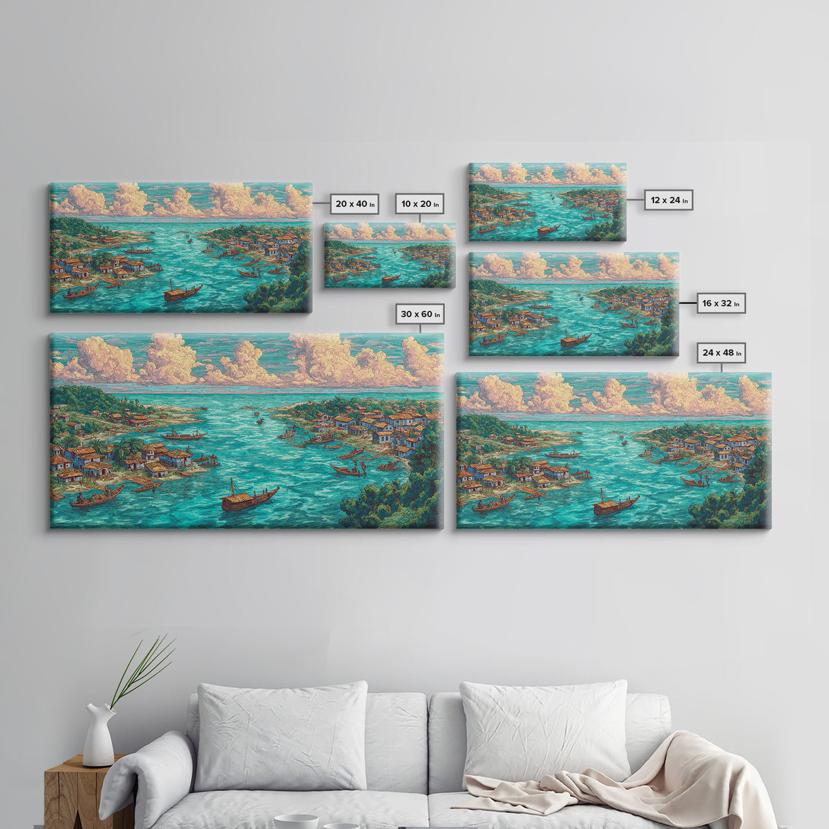 Turquoise Island Fishing Village Wall Art, African Coastal Landscape, Teal Water Decor, Nature Scene Art, Canvas Print Gift