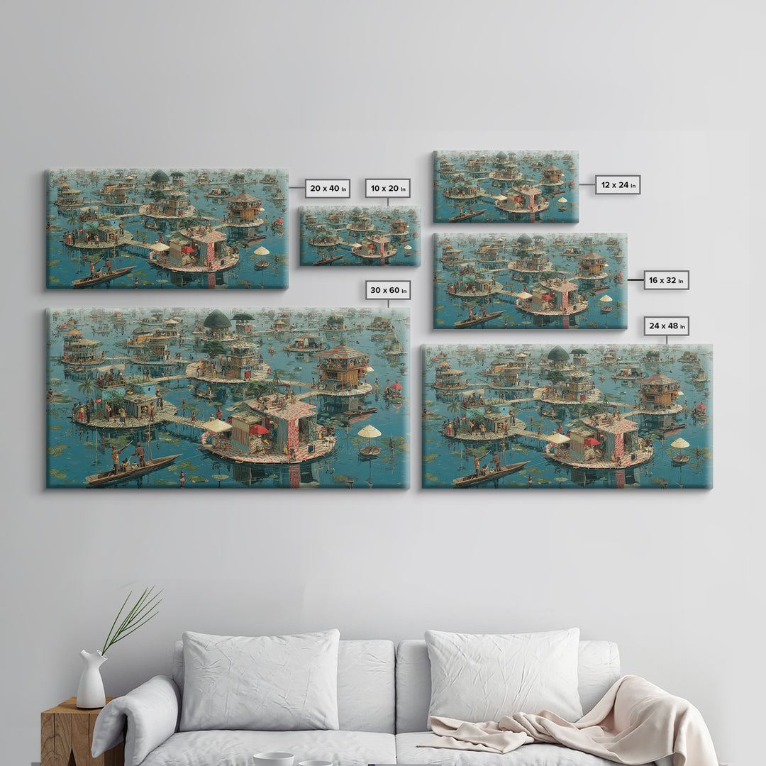 Floating Wetland Village Wall Art, African Water Landscape, Round Island Homes, Boho Coastal Decor, Unique Canvas Print Gift