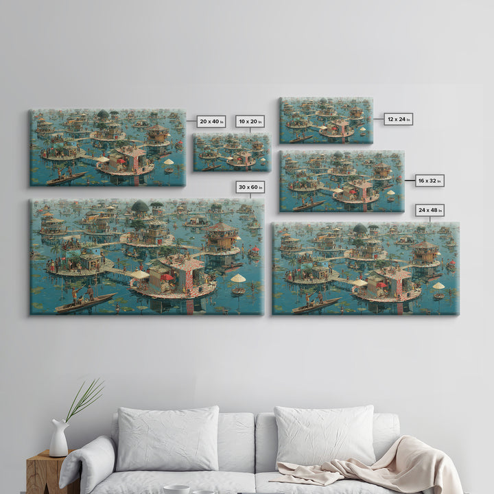 Floating Wetland Village Wall Art, African Water Landscape, Round Island Homes, Boho Coastal Decor, Unique Canvas Print Gift